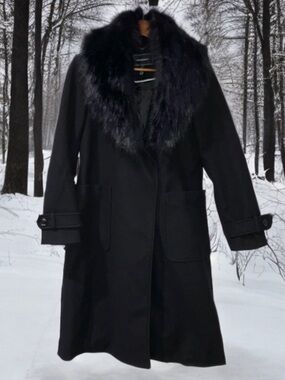 BCBG Max Azria Black Long Peacoat Trenchcoat Classic Luxury XS